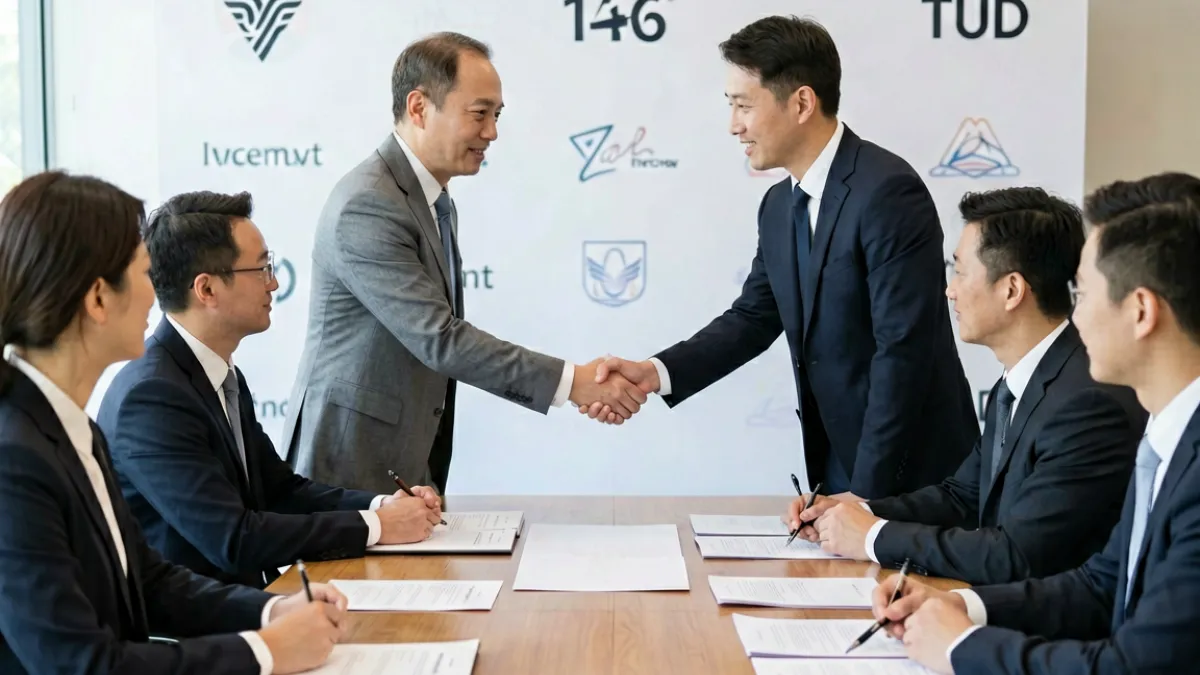 wanz factory与独立导演合作签约现场，双方代表在发布会桌前交换文件
