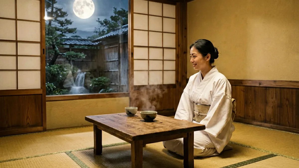 日本av温泉旅馆系列作品场景图，传统和风室内装饰与榻榻米构成独特视觉背景