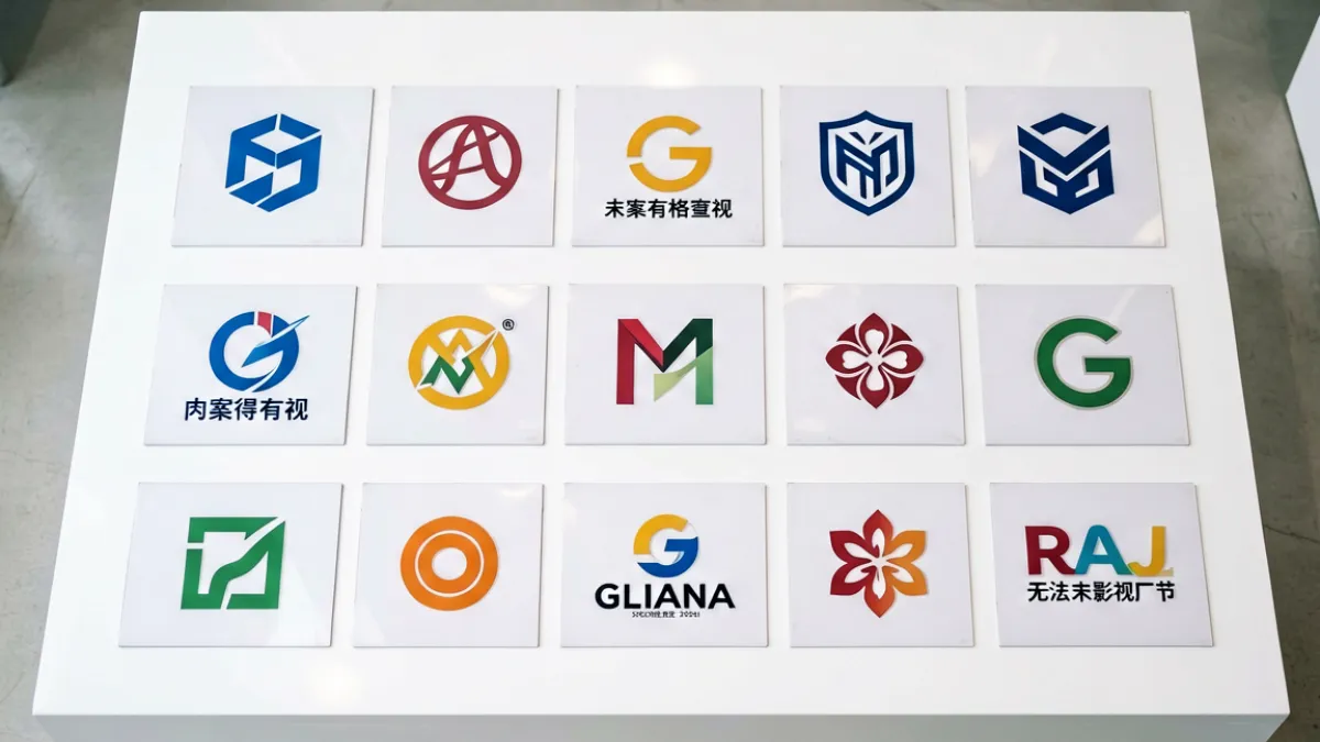 日本av各大厂牌品牌Logo排列在对比展示板上，背景为整洁的白色工作台