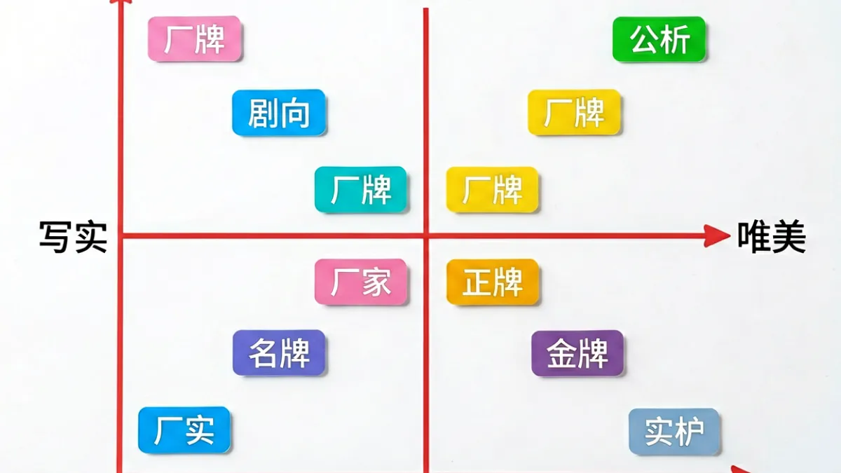 日本av厂牌风格象限图，横轴为写实到唯美，纵轴为剧情向到企划向，各品牌标注在对应位置